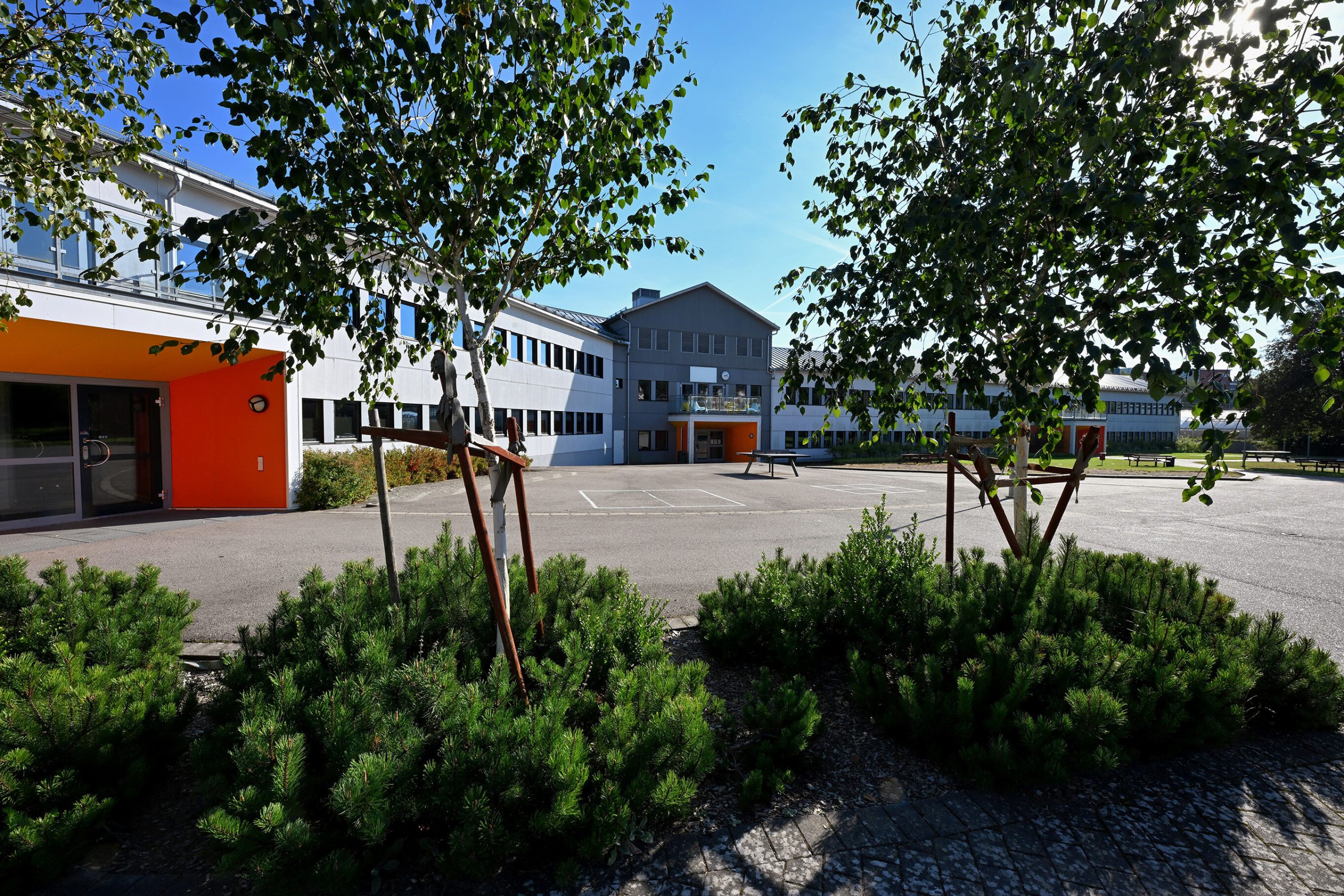 : Mobergsskolans skolgård en solig dag, med vita och grå skolbyggnader med orange entrépartier, ett bordtennisbord på gården och unga träd och buskar i förgrunden.